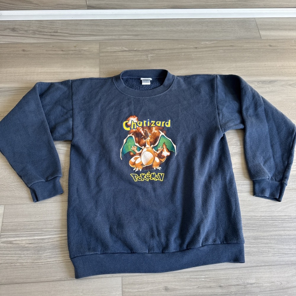 VTG 90s Pokemon Pokémon Charizard Sweatshirt Navy‎ Kids Size Youth L Made In USA